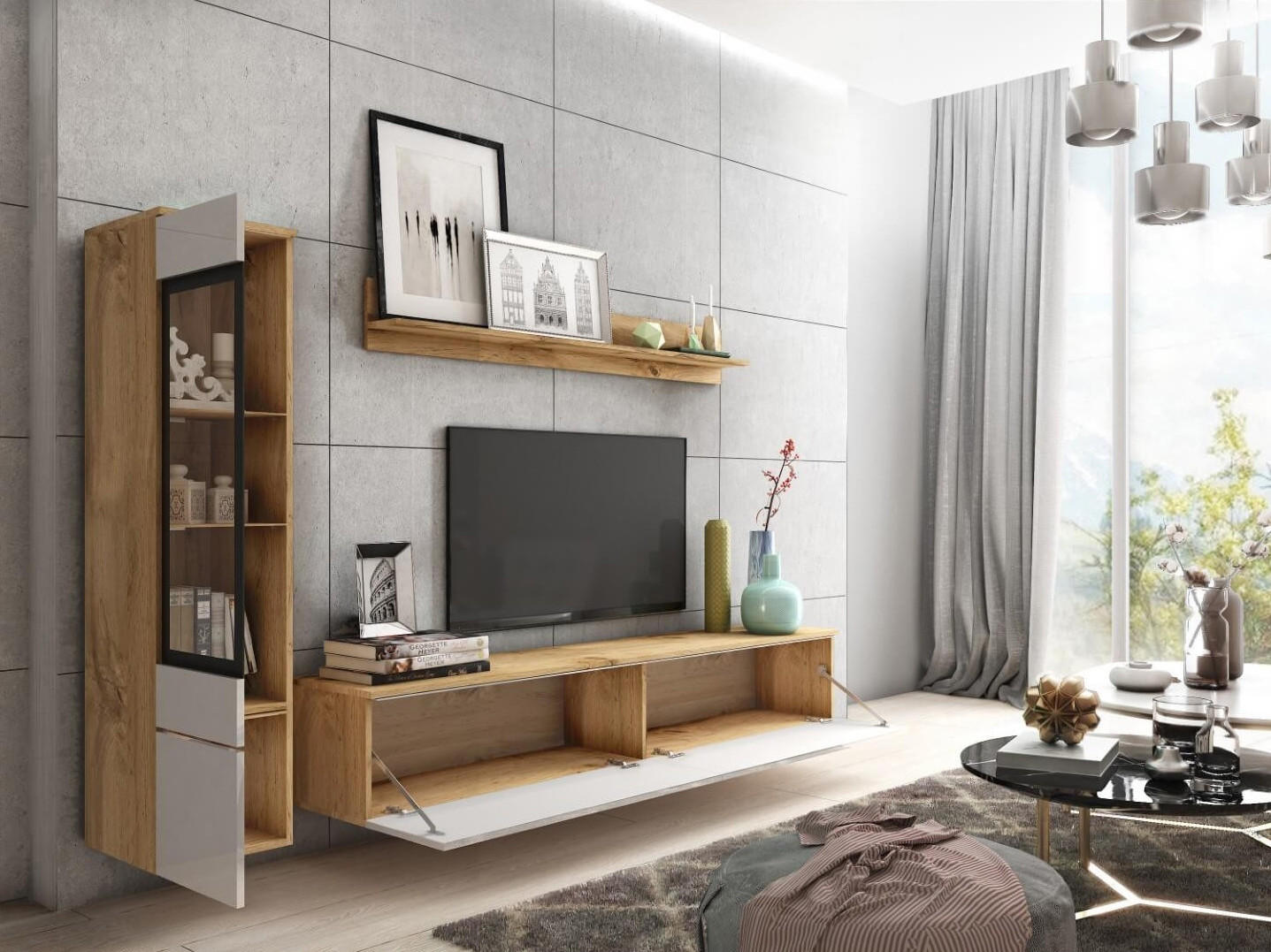 Thumbnail - Feldmann-Wohnen Wohnwand, Weiß, Eiche Wotan, Holz, 3 Fächer, Rechteckig, 210x130x33 cm, Wohnzimmer, Wohnwände, Anbauwänd...