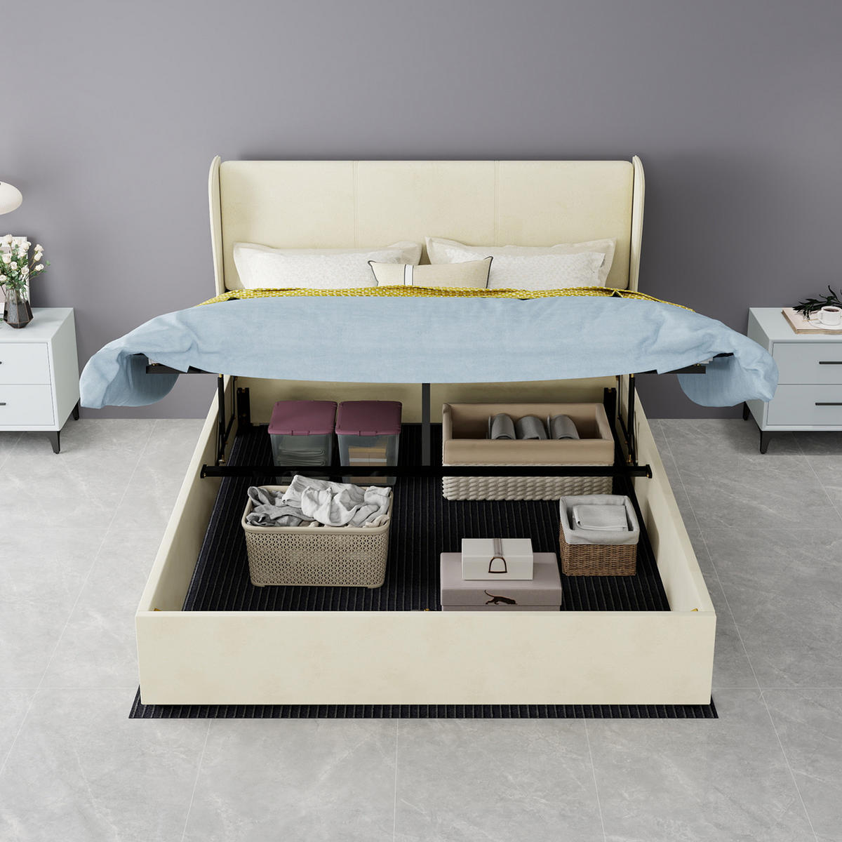 POLSTERBETT 140/200 mit hydraulischem Bettkasten, hohem Unterbau und gepolstertem Kopfteil in Beige - Beige, Holzwerkstoff/Textil (140/200cm) - EVRYAE