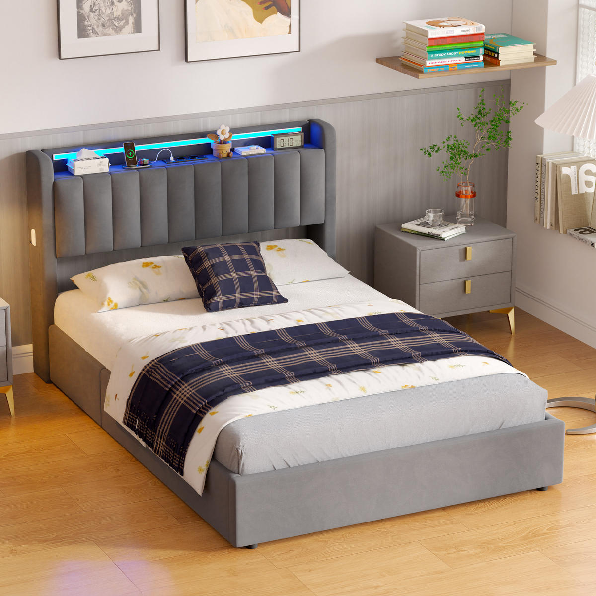 POLSTERBETT 140/200 cm aus Samt mit Bettkasten LED Beleuchtung und USB Anschlüssen - Grau, Textil (140/200cm) - BEAOK