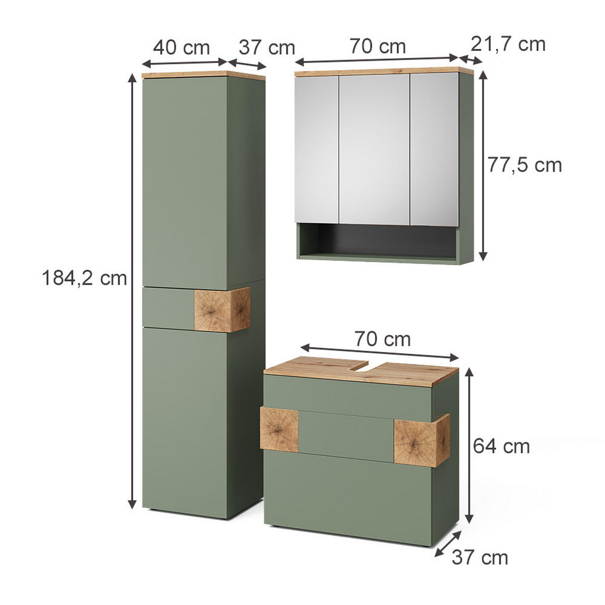 BADMÖBEL-SET Eden Grün/Artisan 3 Teile - Hellgrau/Grün, Holzwerkstoff (70/64.5/37cm) - Vicco