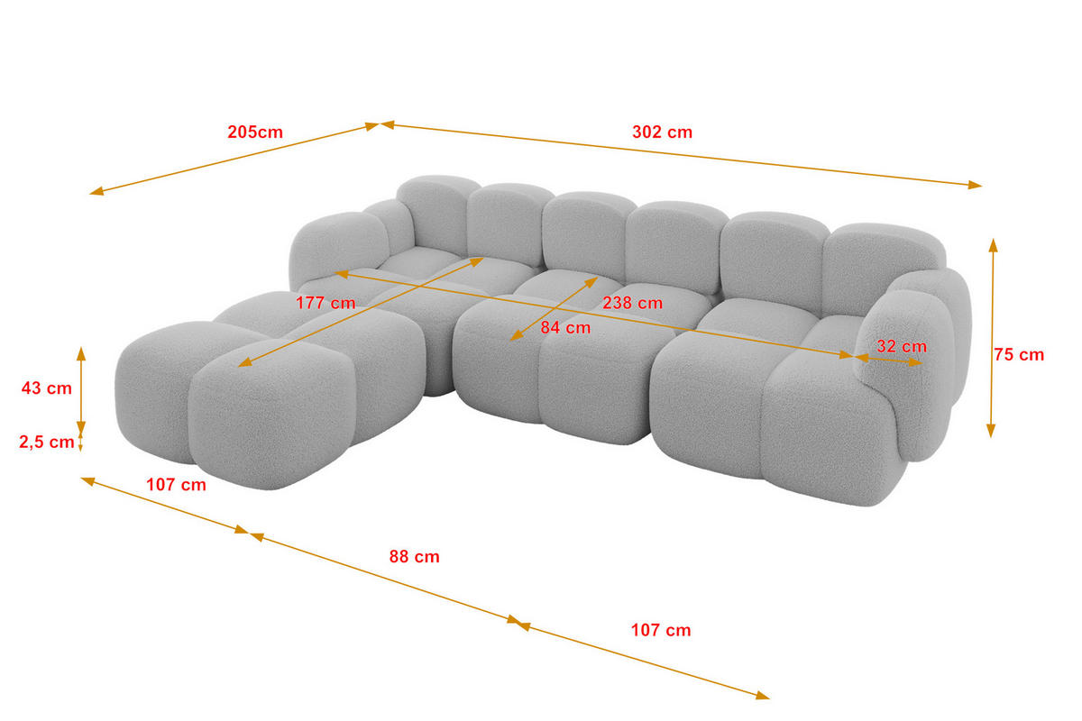 ECKSOFA modulares Sofa Links Miko-L2 302x205x75 Hellgrau Bouclé - Edelstahlfarben/Schwarz, Holzwerkstoff/Kunststoff (302/205cm) - ALTDECOR