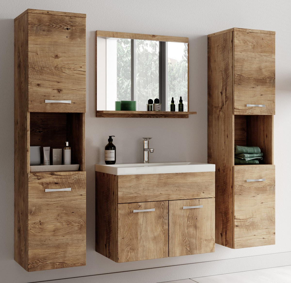 BADMÖBEL-SET Montreal 5 Teile Kastanien Eiche - 60 x 35 x 51 cm - Chromfarben/Nussbaumfarben, Holz/Metall (60/51/35cm) - Badplaats