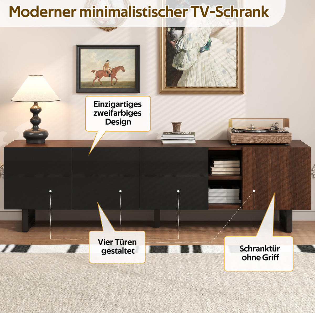 TV-SCHRANK aus MDF 180x38x50 cm Schwarz/Natur mit grifflosen Türen, Hochglanzfront und viel Stauraum - Hellbraun, Holzwerkstoff (180/50/38cm) - Modfu