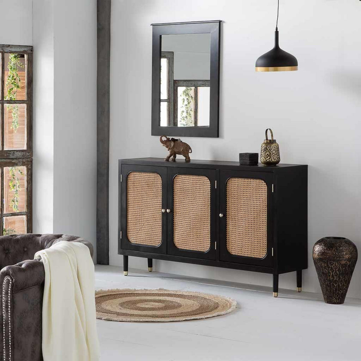 SIDEBOARD aus Holz und Bambusgeflecht 153x38x92 cm - Schwarz, Holz (152.5/91.5/38cm) - Wanderlust