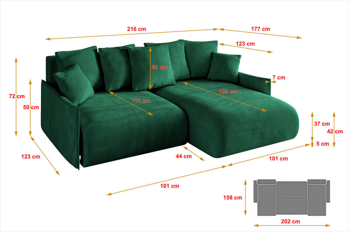 ECKSOFA Ottomane rechts ONESK-L -v1 216x177x72 Dunkelgrün Velours - Dunkelgrün, Holzwerkstoff/Kunststoff (177/216cm) - ALTDECOR