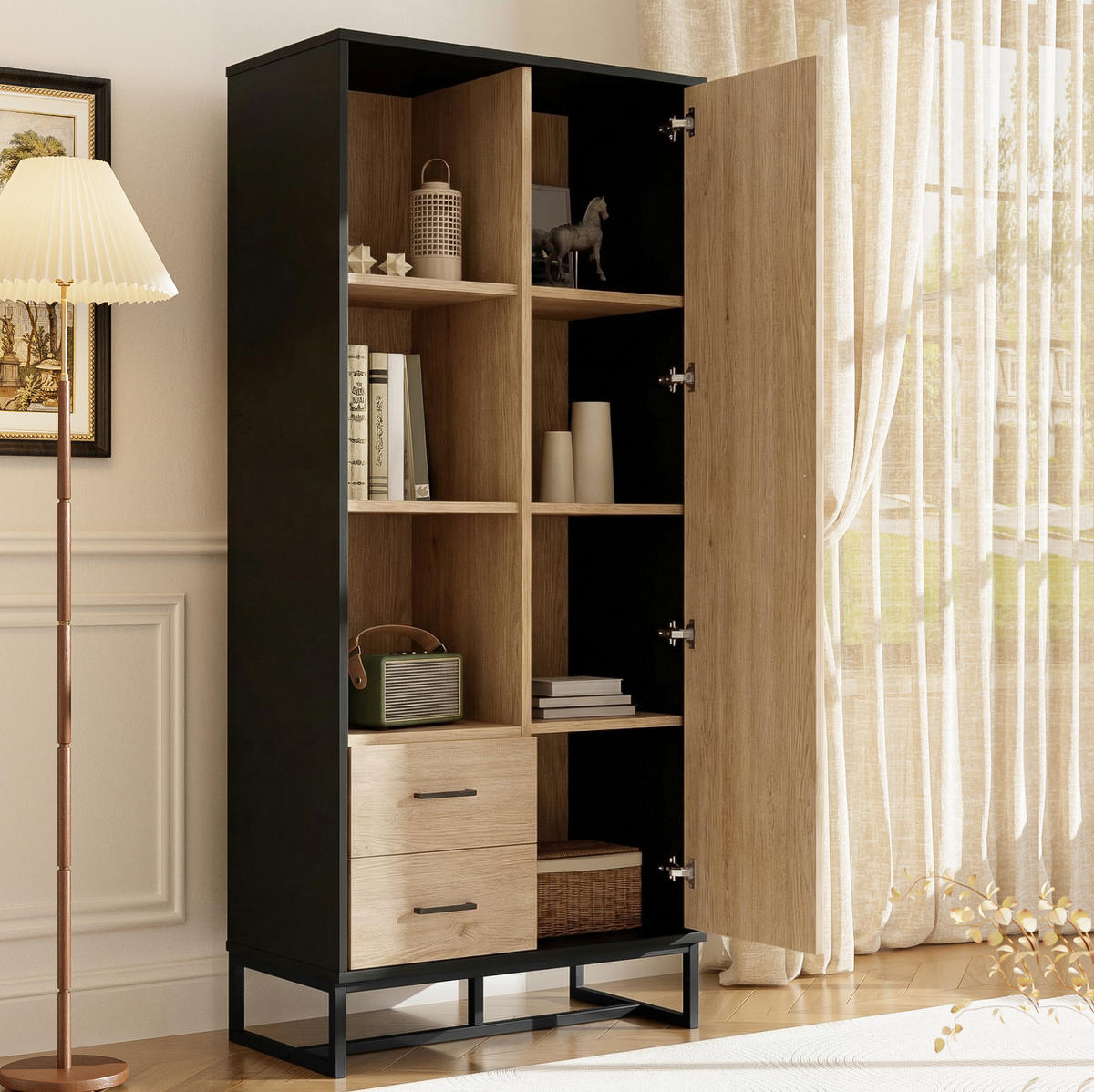 HIGHBOARD 80/40/180 cm in Holzoptik und Schwarz mit 2 Schubladen und 3 offenen Fächern - Schwarz, Holzwerkstoff (80/180/40cm) - Flora Grace