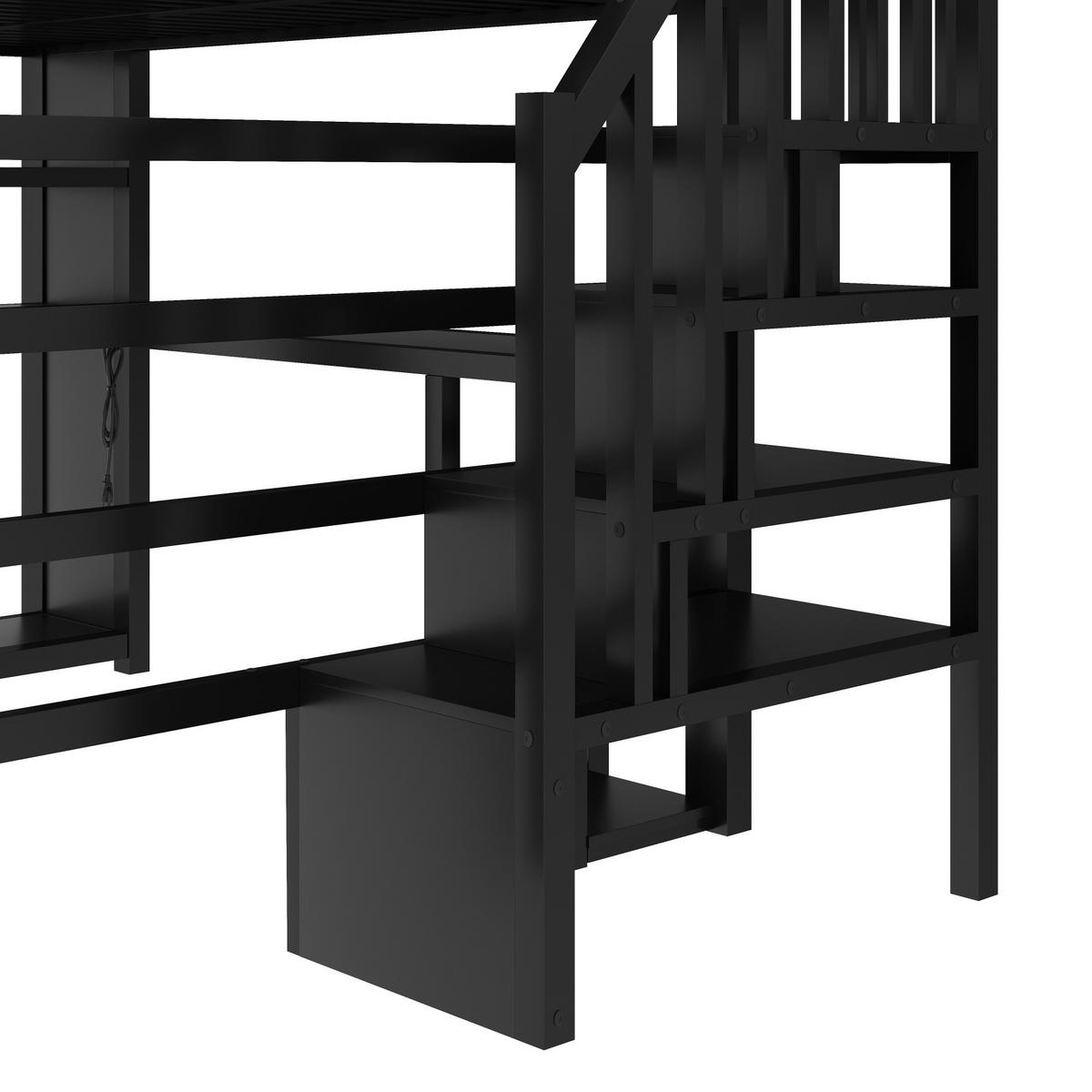 HOCHBETT 140/200 cm in Schwarz mit Schreibtisch, Treppe, Stauraum, LED und offenem Kleiderschrank aus Metall - Schwarz, Metall (140/200cm) - STILVORA