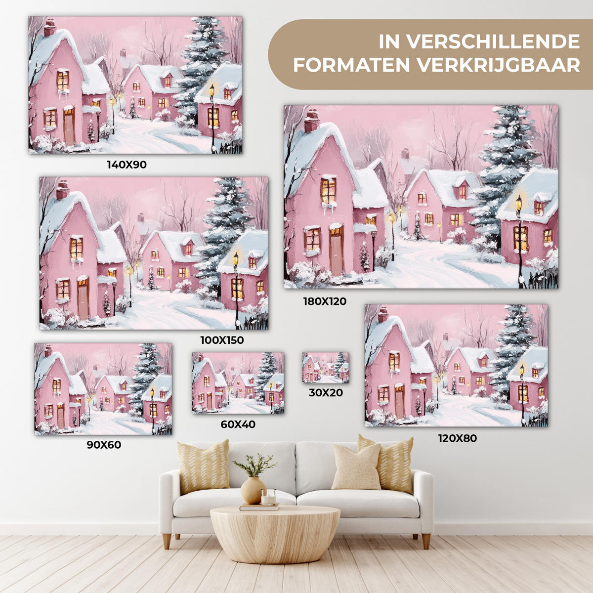 LEINWANDBILD Weihnachtsdorf - Rosa - Winter - Schnee - Häuser Wohnzimmer Groß 120x80 cm - Altrosa, Textil (120/80cm) - MuchoWow