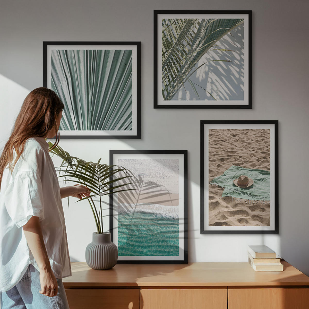 BILDER SET 4er Set - 50x50 cm & 40x60 cm Schwarzer Rahmen - Urlaubsblick Strand Meer - Schwarz, Kunststoff (50/50cm) - TULUP