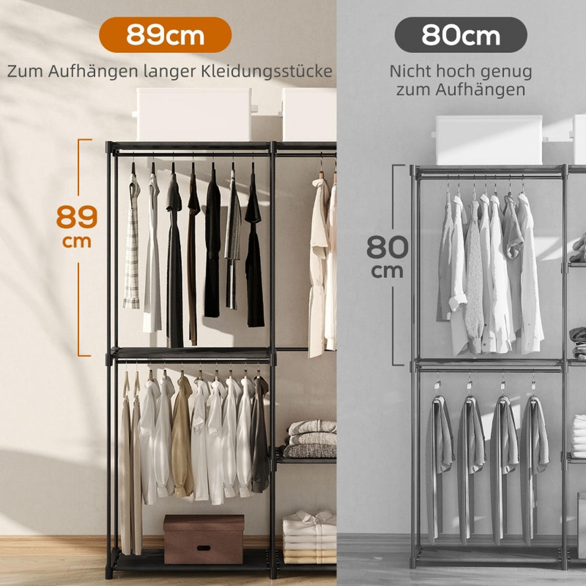 STOFFSCHRANK mit Kleiderstangen & 6 Ablagen, 111/43/185 cm, Schwarz - Schwarz, Metall (43/185/111cm) - Redom