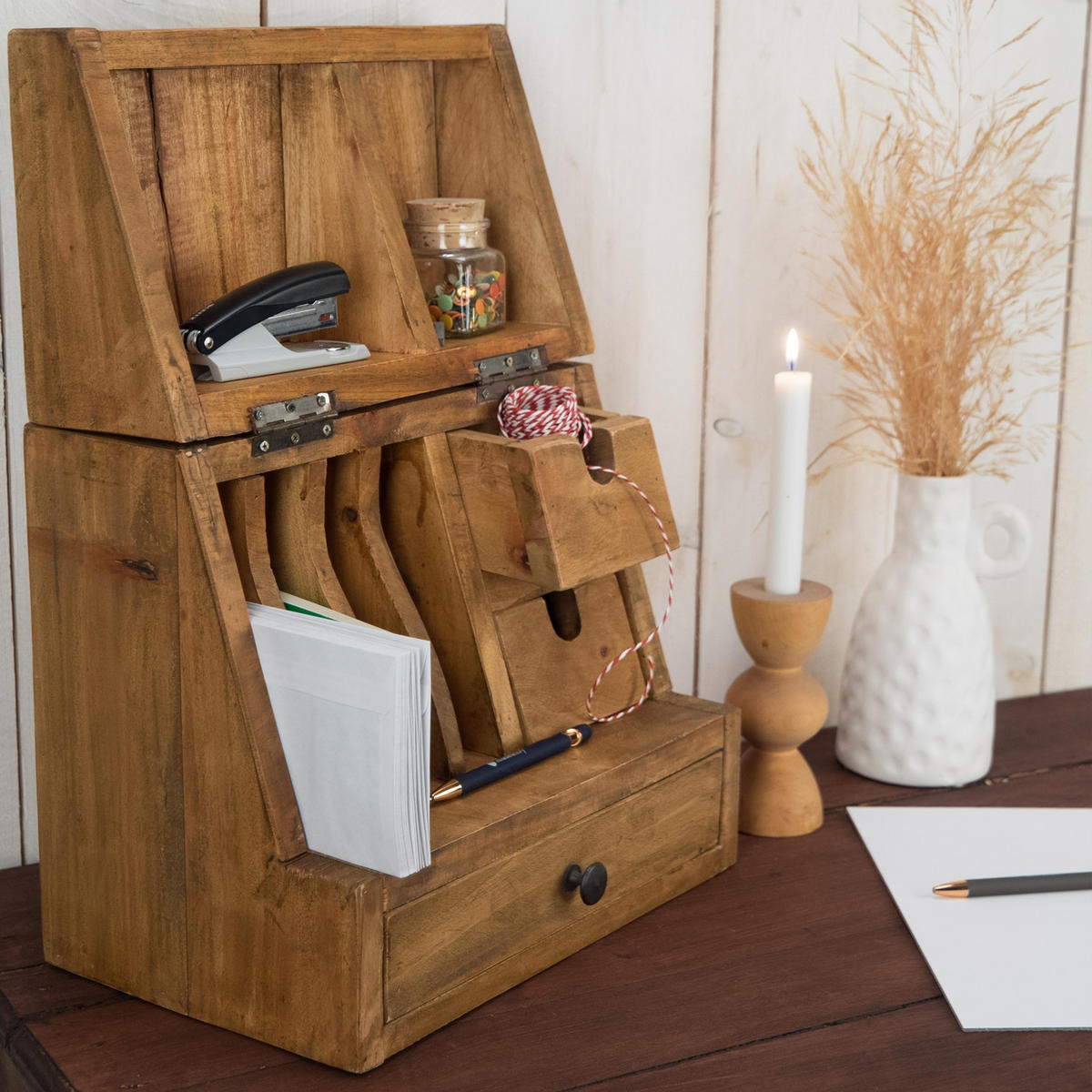 ORGANIZER Case Mahagoni Massivholz, klappbarer Deckel naturfarben - Naturfarben, Holz (22/35/48cm) - CREEDWOOD