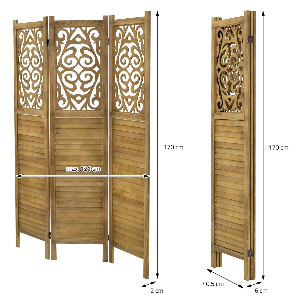 PARAVENT 3 teilig Tokio 170x121 cm Naturaus Holz - Braun, Holz (121/170/2cm) - ML-DESIGN