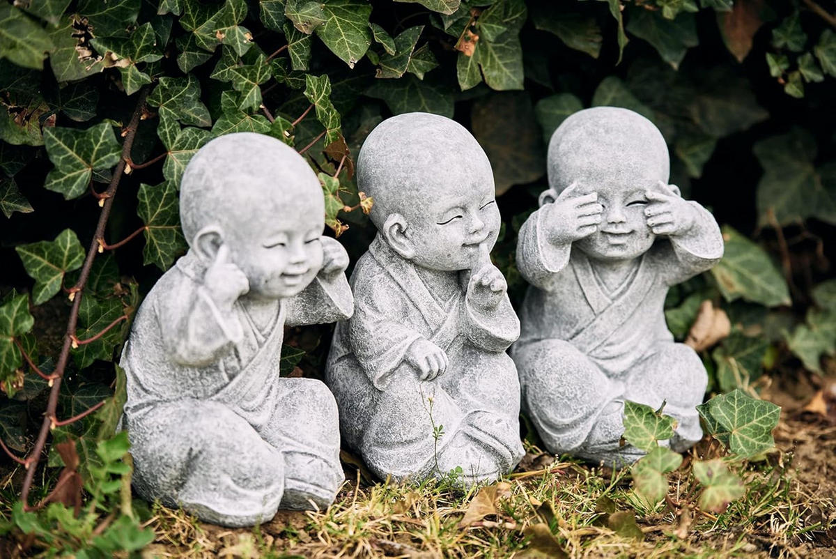 STEINFIGUR 3er Set Shaolin Mönche Nichts sehen, Nichts hören, Nichts Sagen, Steinguss - Grau, Stein (8/16/10cm) - stoneandstyle