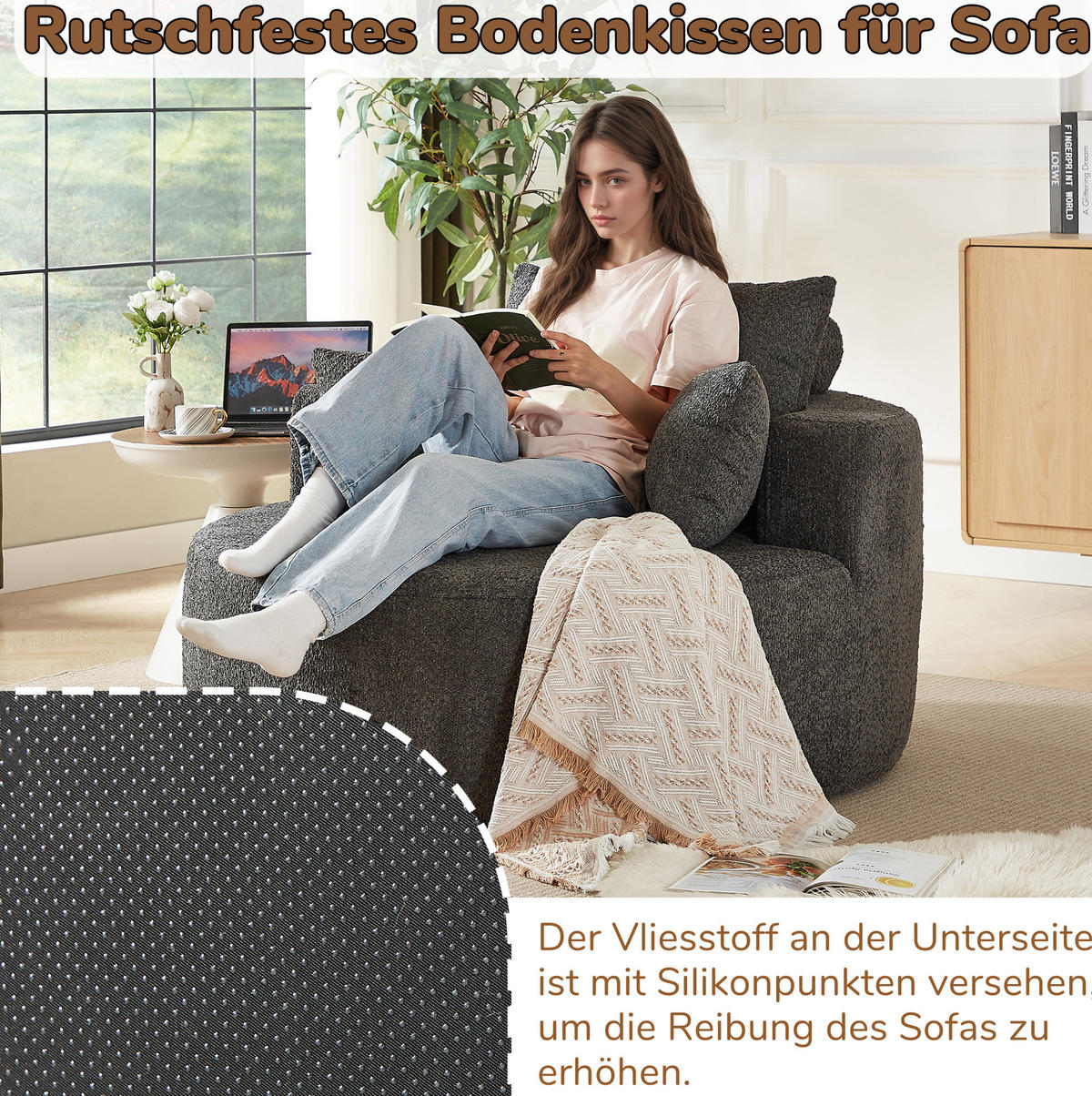 SESSEL aus Chenille Grau ohne Montage mit Rückenlehnenkissen und zylindrischem Kopfkissen - Grau, Textil (127/85/127cm) - Modfu