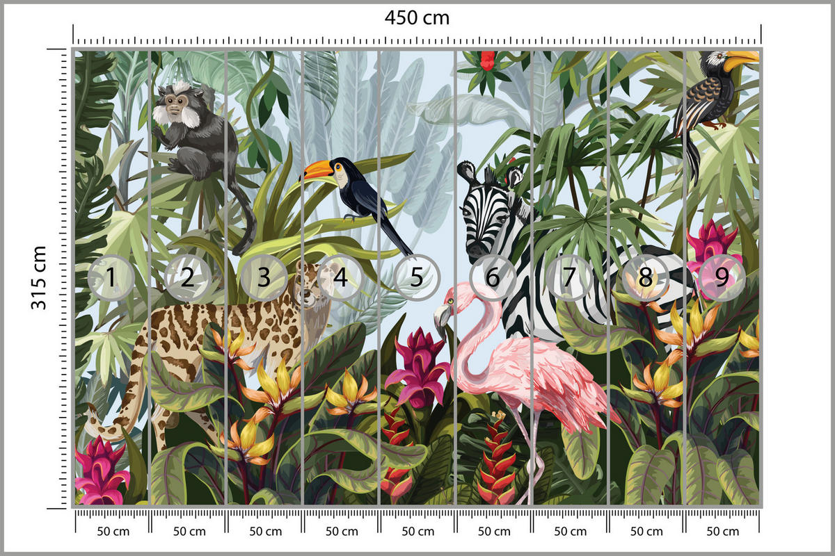 FOTOTAPETE für Kinderzimmer Tropische Pflanzen Tiere Flamingo Rippen 450x315 - Multicolor, Papier (450/315cm) - Muralo