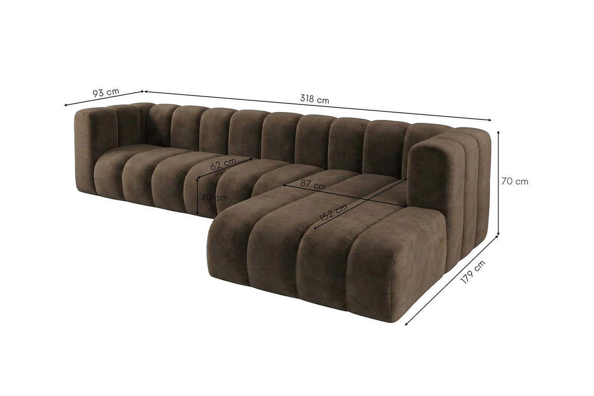 ECKSOFA Modulares In L-Form, Velvet-Stoff Riviera, Braun, Rechts, GRAND 318 cm - Braun, Holz (318/179cm) - Kaiser Möbel