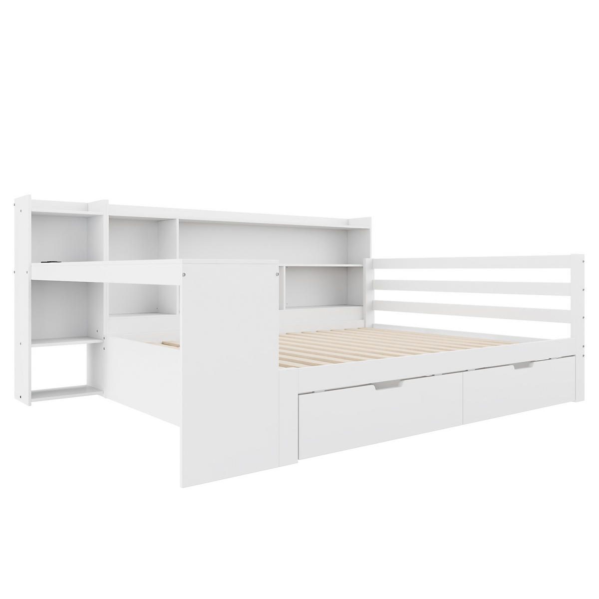 STAURAUMBETT 140/200 cm DE-01349, in Weiß, mit Schreibtisch, Steckdose und Schubladen - Weiß, Holz (140/200cm) - ComfortXL