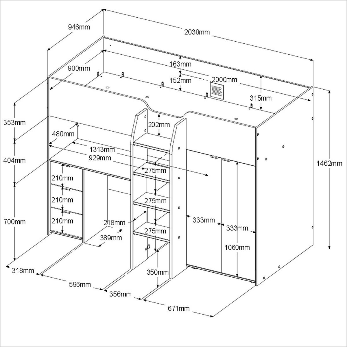 HOCHBETT mit Kleiderschrank und Schreibtisch Bett 90 x 200 cm - Eichefarben/Silberfarben, Holz/Holzwerkstoff (90/200cm) - Parisot Meuble