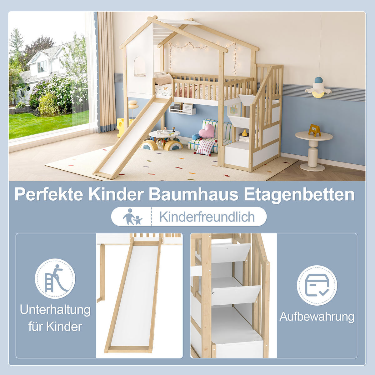 HOCHBETT 90x200cm Natur + Weiß Stauraumleiter Fenster Rutsche - Multicolor, Holz (90/200cm) - FLIEKS