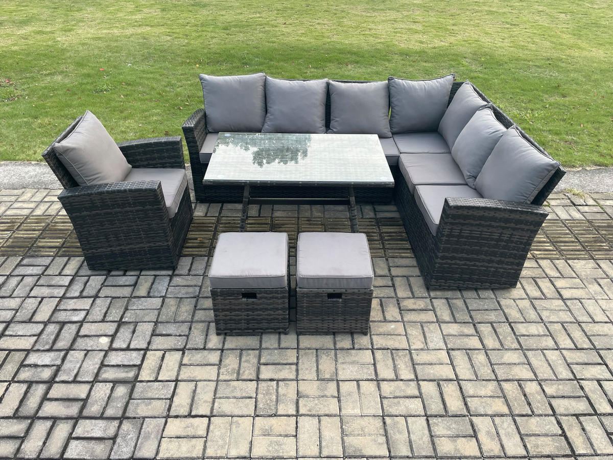 SITZGRUPPE mit Ecksofa Polyrattan Dunkelgrau 9-Sitzer - Dunkelgrau/Grau, Glas/Kunststoff - Fimous