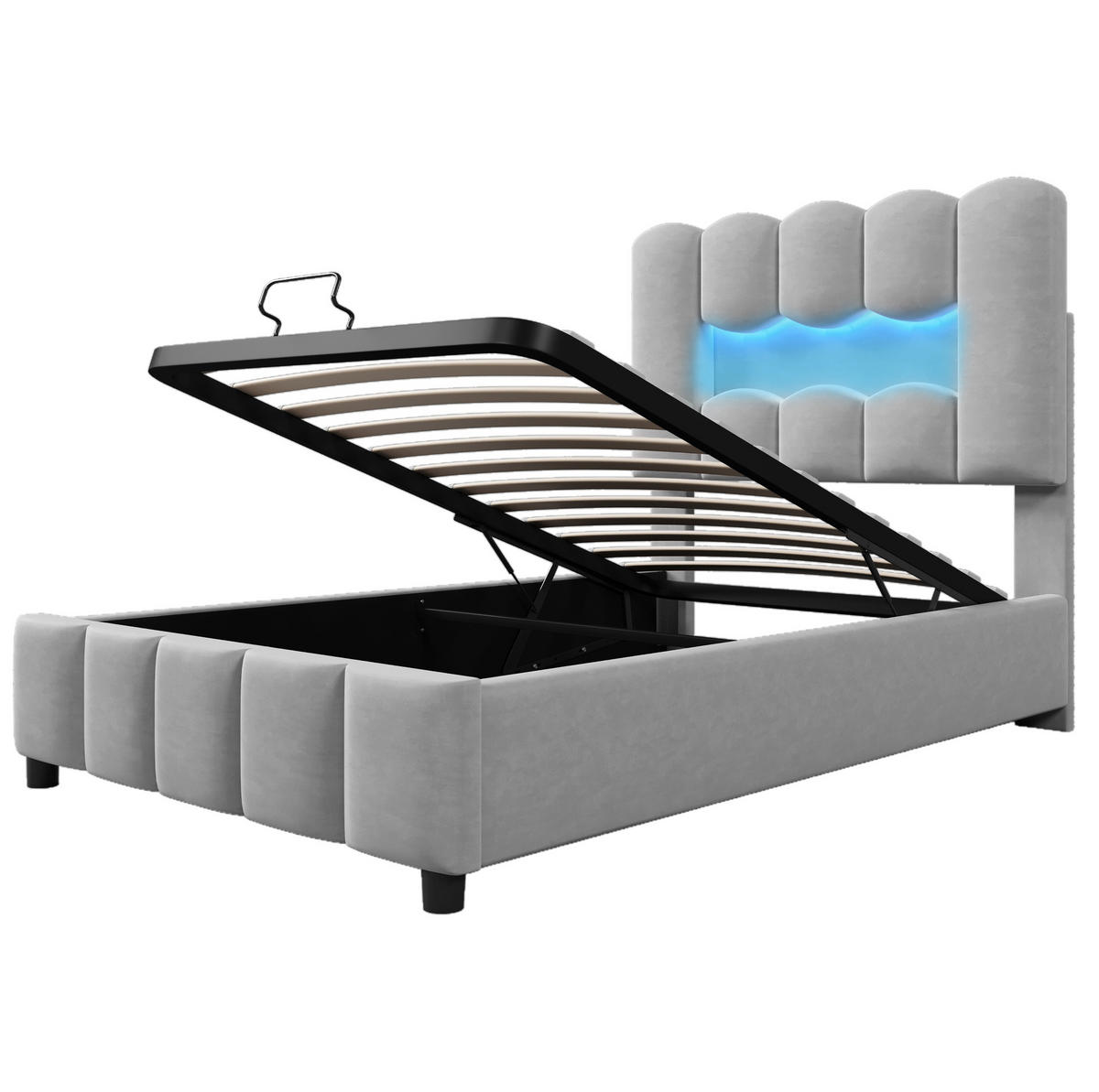 POLSTERBETT 90/200 cm grau aus Samt mit Bettkasten und LED-Beleuchtung - Grau, Textil (90/200cm) - OKMYHOME