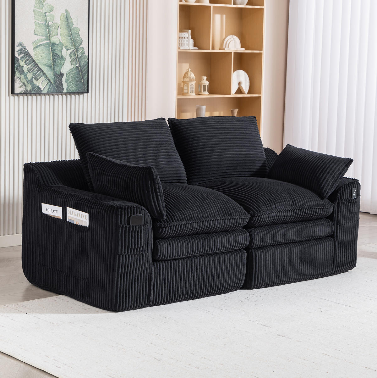 2-SITZER-SOFA 191/94/85 cm mit Seitentaschen und Kissen, Cordbezug und Federkern, Schwarz - Schwarz, Textil (191/85/94cm) - Redom
