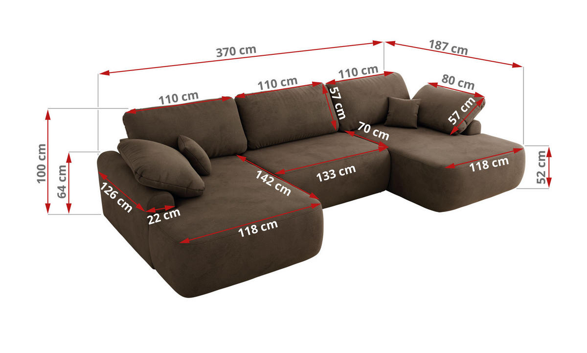 WOHNLANDSCHAFT CUBO U Braun Velvet - Schwarz/Braun, Kunststoff/Textil (370/100/187cm) - MKS