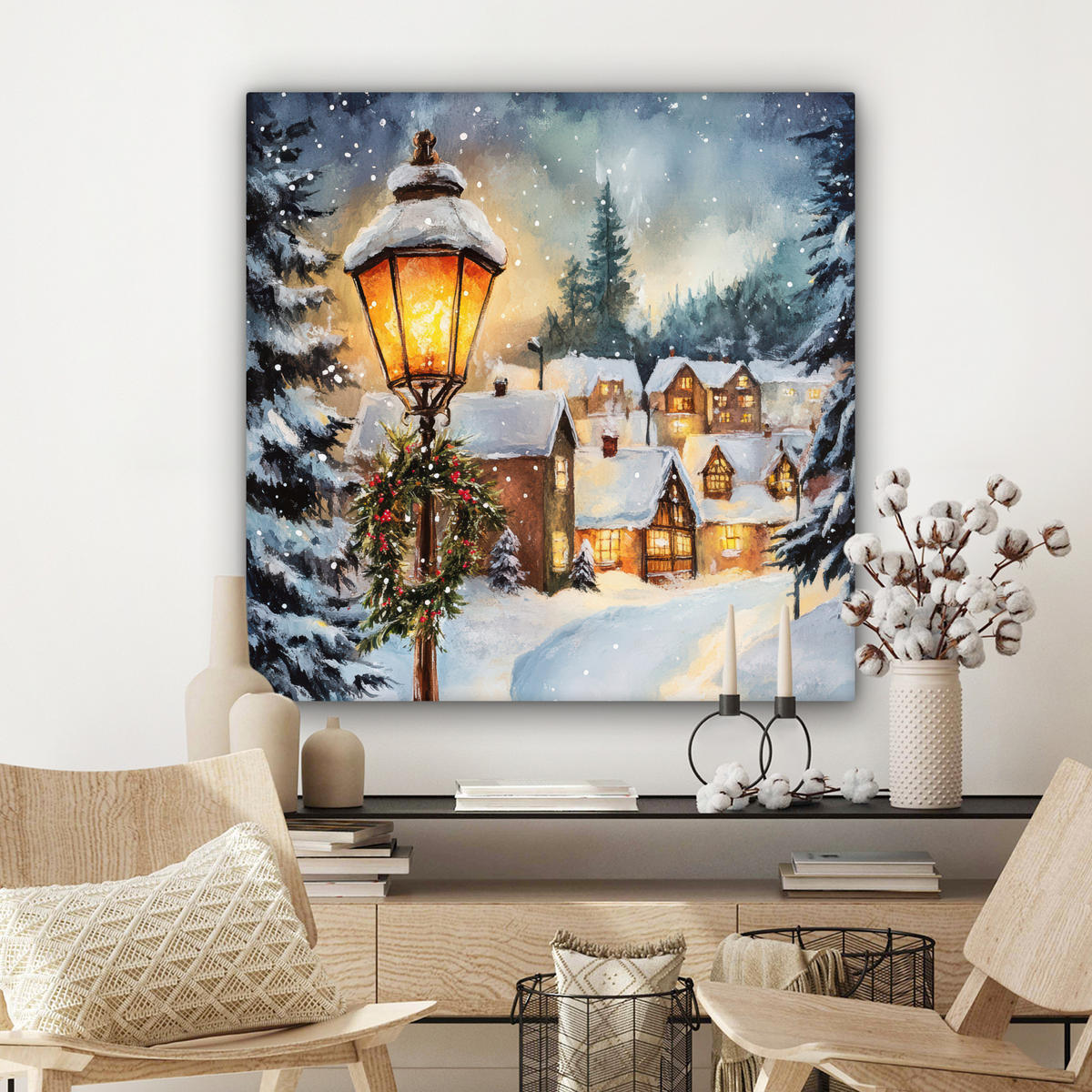 LEINWANDBILD Weihnachtsdorf - Häuser - Schnee - Weihnachten 90x90 cm - Sandfarben, Textil (90/90cm) - MuchoWow