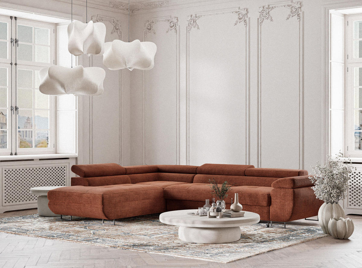 ECKSOFA Concord Kupferfarbe Chenille-Stoff - Links Seite - Schwarz/Kupferfarben, Holz/Holzwerkstoff (203/277cm) - Maison de Reve