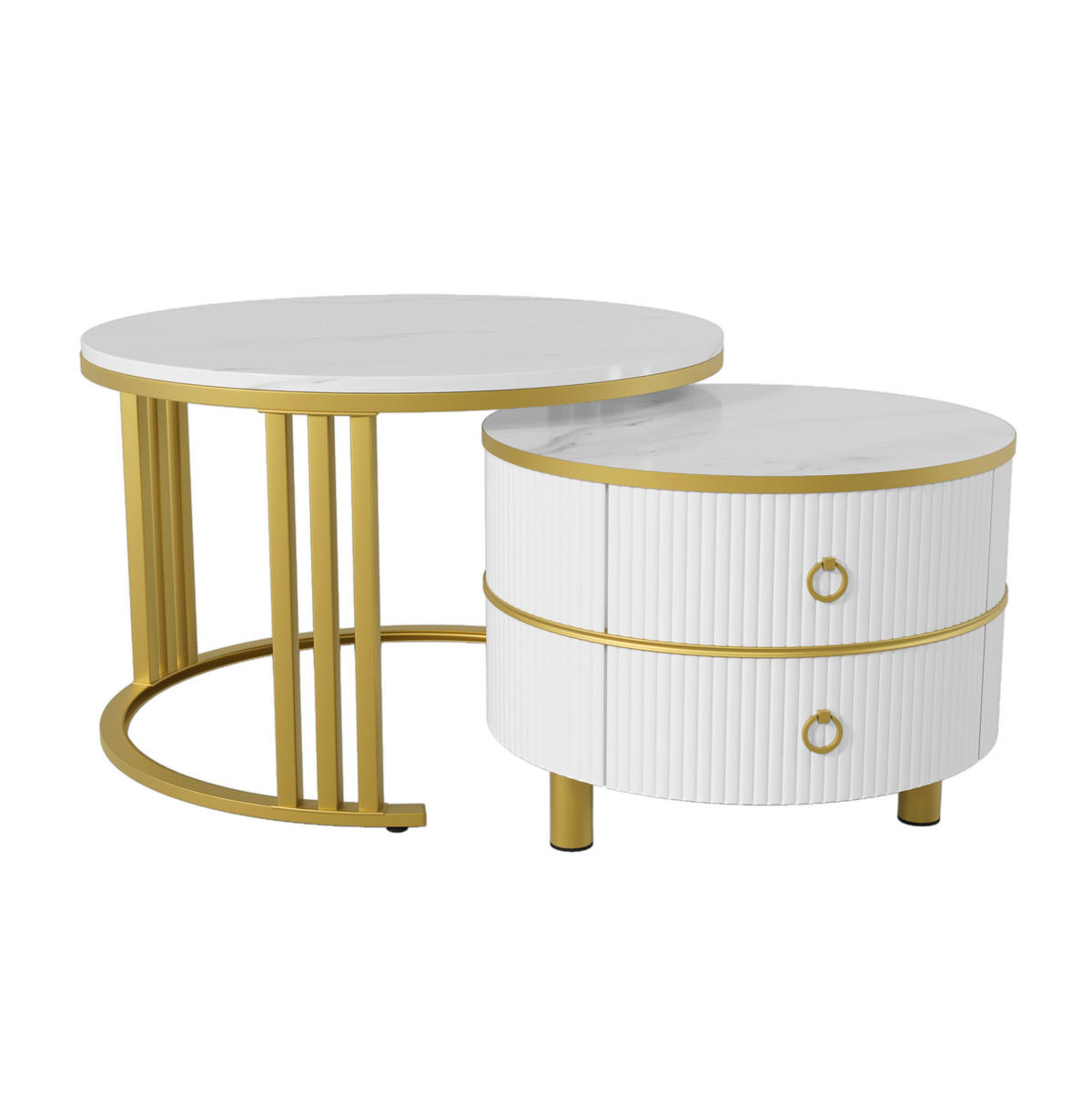 COUCHTISCH-SET 70/70/46 + 50/50/40 cm in Weiß mit Marmordekor und 2 Schubladen - Goldfarben/Weiß, Holzwerkstoff (70/70/46cm) - Flora Grace