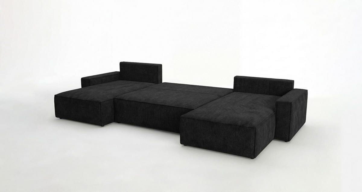WOHNLANDSCHAFT VIENNA U-Form schwarz Cord Poso 135 - Schlaffunktion, Bettkasten - Schwarz, Textil (385/86/185cm) - Cornero
