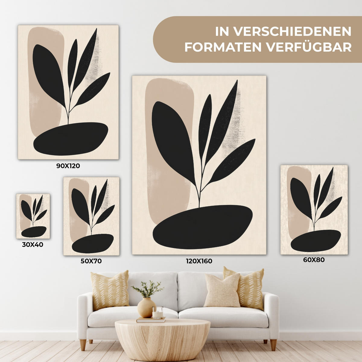 LEINWANDBILD Pflanze - Beige - Japanisch 60x80 cm - Schwarz, Textil (60/80cm) - MuchoWow
