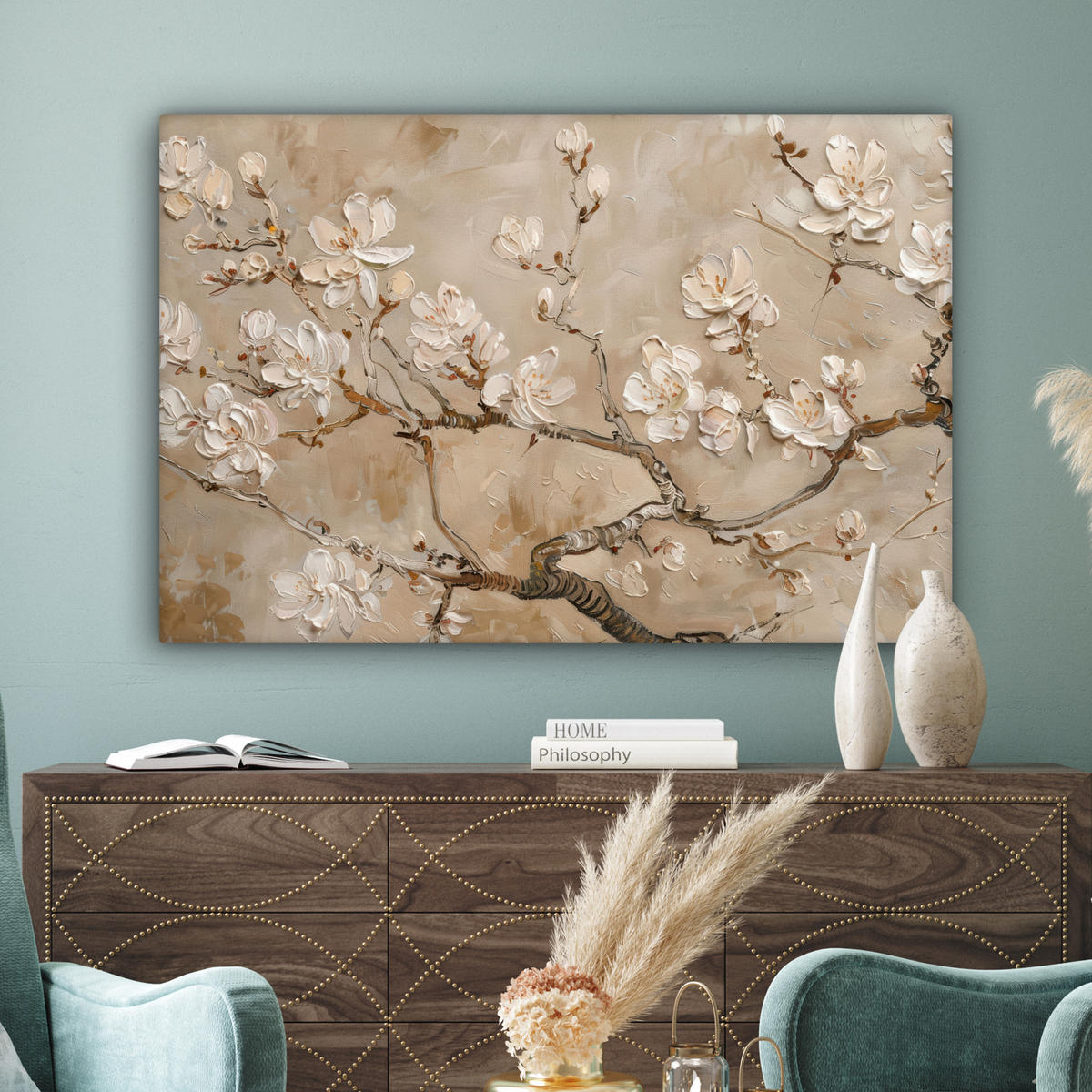 LEINWANDBILD - Blumen - Modern - Beige - Weiß - Blüte - 120x80 - Kunstdruck - Beige, Textil (120/80cm) - MuchoWow