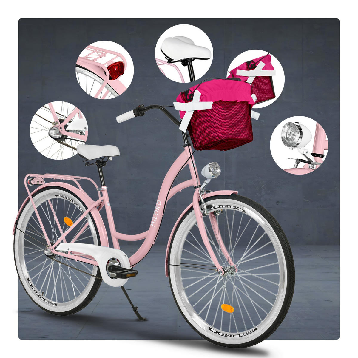 CITY-FAHRRAD Milord mit Metallkorb, 26 Zoll, Rosa, 3-Gang - Pink, Metall (46cm) - Milordbikes