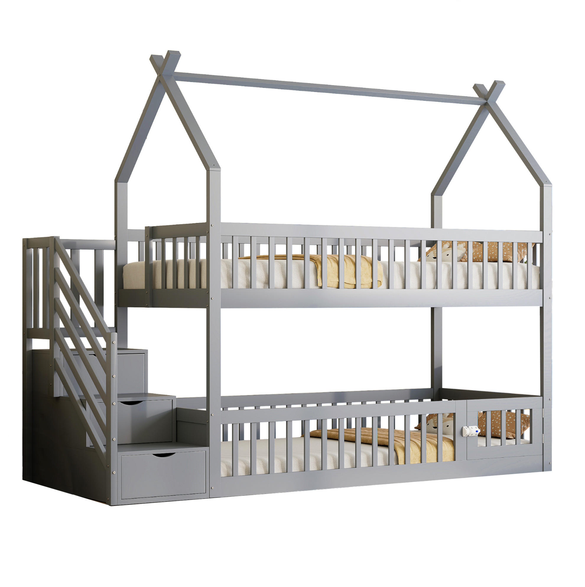 ETAGENBETT 90/200 cm Grau mit Dach, Sicherheitstreppe und Stauraumschubladen - Grau, Holz (90/200cm) - MIVRAY