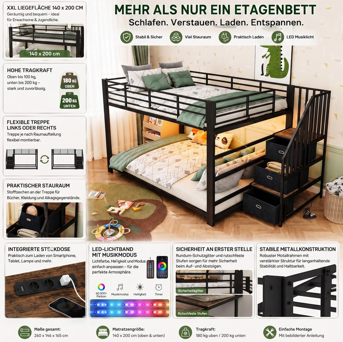 ETAGENBETT aus MDF und Metall 90x200 cm Schwarz mit Stauraumtreppe, LED-Lichtband und USB-Anschlüssen - Schwarz, Holzwerkstoff (90/200cm) - Modfu