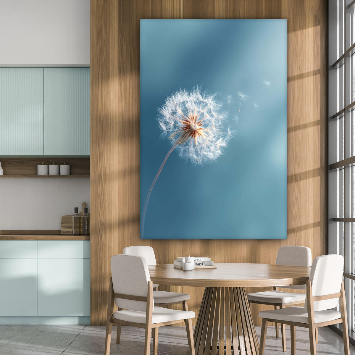 OBRAZ NA PLÁTNĚ Pampeliška - vítr - modrá 90x140 cm - šedohnědá, textil (90/140cm) - MuchoWow