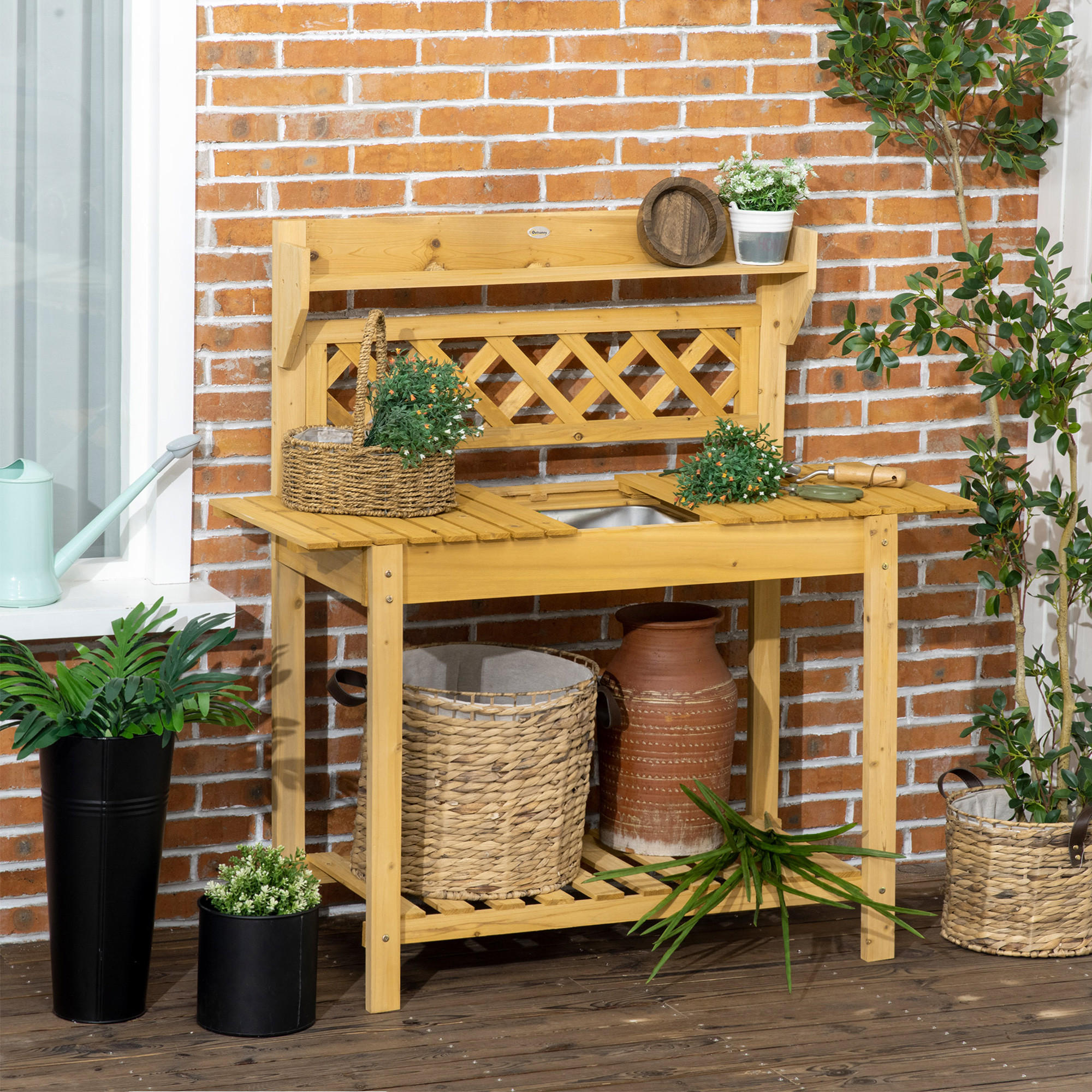 PFLANZTISCH mit ausziehbarer Tischplatte, 2 Ablagefächern, 92 x 45 x 120 cm, Braun - Braun, Holz (92/45/120cm) - Outsunny
