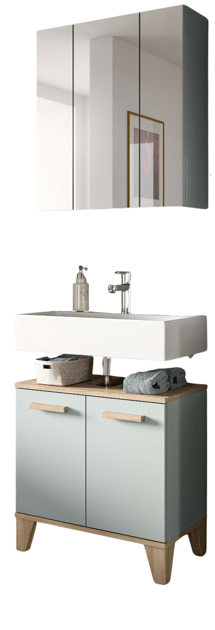 BADMÖBEL-SETGRÜN, Eiche 2-teilig 60 x 190 cm, Badkombination skandinavisches Design - Eichefarben/Grün, Glas/Holzwerkstoff (60/190/34cm) - Inn.Furn