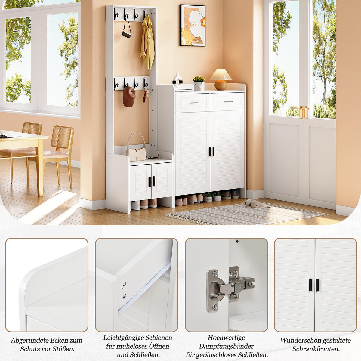 GARDEROBE-SET Schuhschrank 8 Haken 6 Ablagen Weiß - Weiß, Holzwerkstoff (125/165/32cm) - FLIEKS