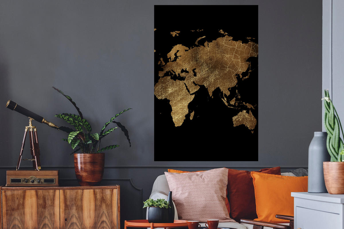 WANDTATTOO Weltkarte - Gold - Luxus - Erde - Schwarz 80x120 cm - Goldfarben, Kunststoff (80/120/0.1cm) - MuchoWow