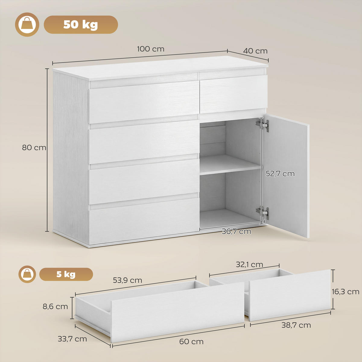 KOMMODE Weiß 100/40/80 cm - Weiß, Holzwerkstoff (100/80/40cm) - PANGIVO