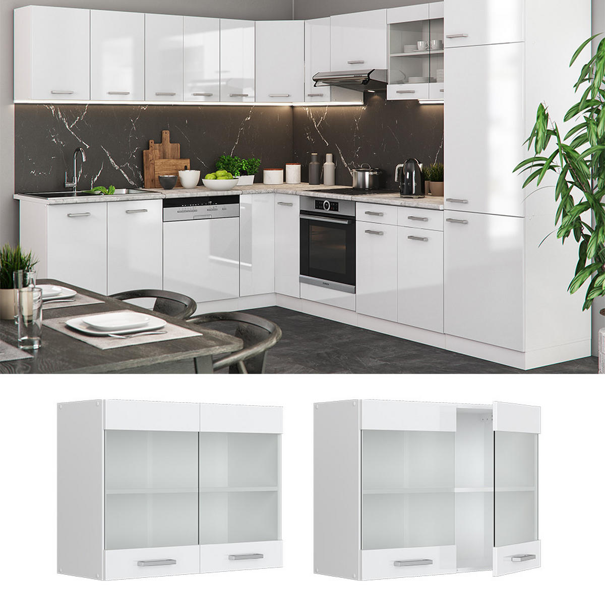 KÜCHENGLASSCHRANK R-Line Weiß Hochglanz 80 cm - Weiß Hochglanz/Weiß, Holzwerkstoff (80/60/31cm) - Vicco