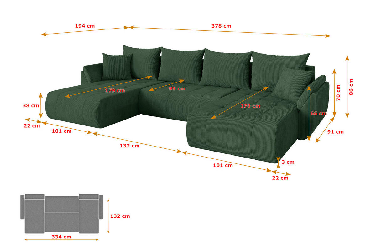 SEDACÍ SOUPRAVA DO U s funkcí spaní a úložným prostorem TOKO-U 378x194x86 zelená manšestr - černá/tmavě zelená, kompozitní dřevo/textil (378/86/194cm) - ALTDECOR