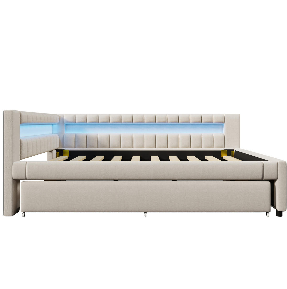 POLSTERBETT 140/200 cm Beige mit Ausziehbett mit LED-Beleuchtung mit USB- und Type-C-Anschlüssen - Beige, Textil (140/200cm) - OKWISH