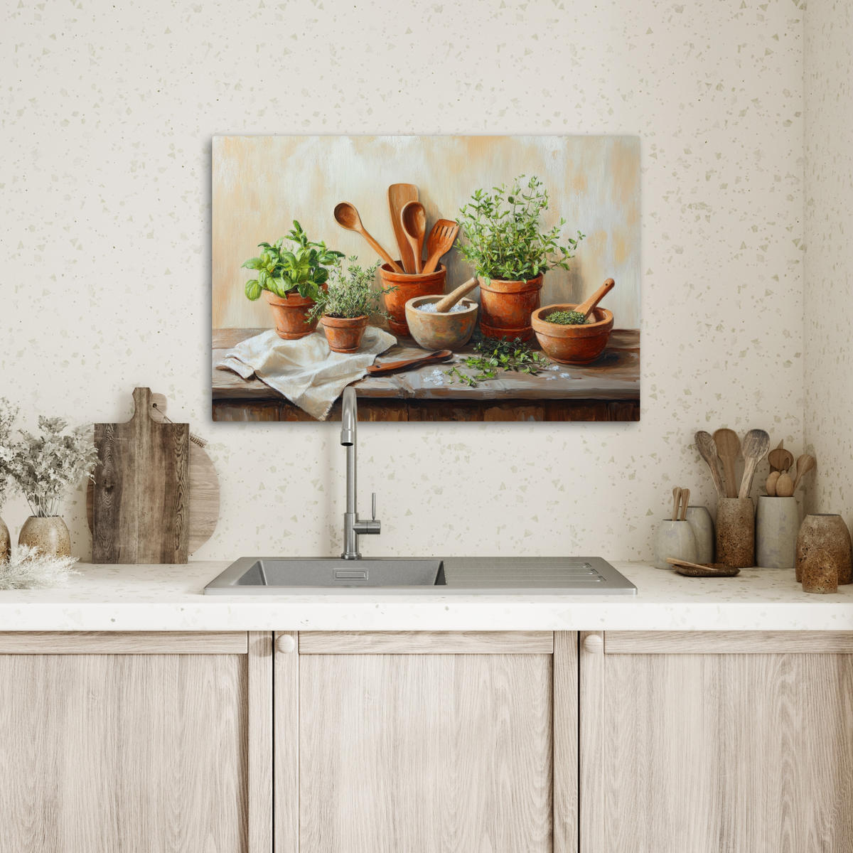 LEINWANDBILD Töpfe - Kräuter - Holz Gemälde 60x40 cm - Terracotta, Textil (60/40cm) - MuchoWow