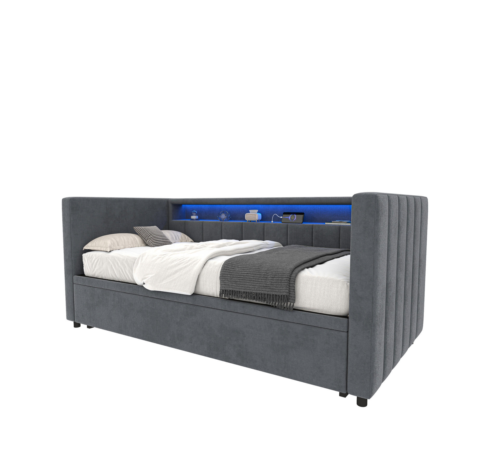 AUSZIEHBETT 90/180×190 cm aus Samt in Dunkelgrau mit LED und USB-Anschlüssen - Dunkelgrau, Textil (80/200cm) - Flora Grace