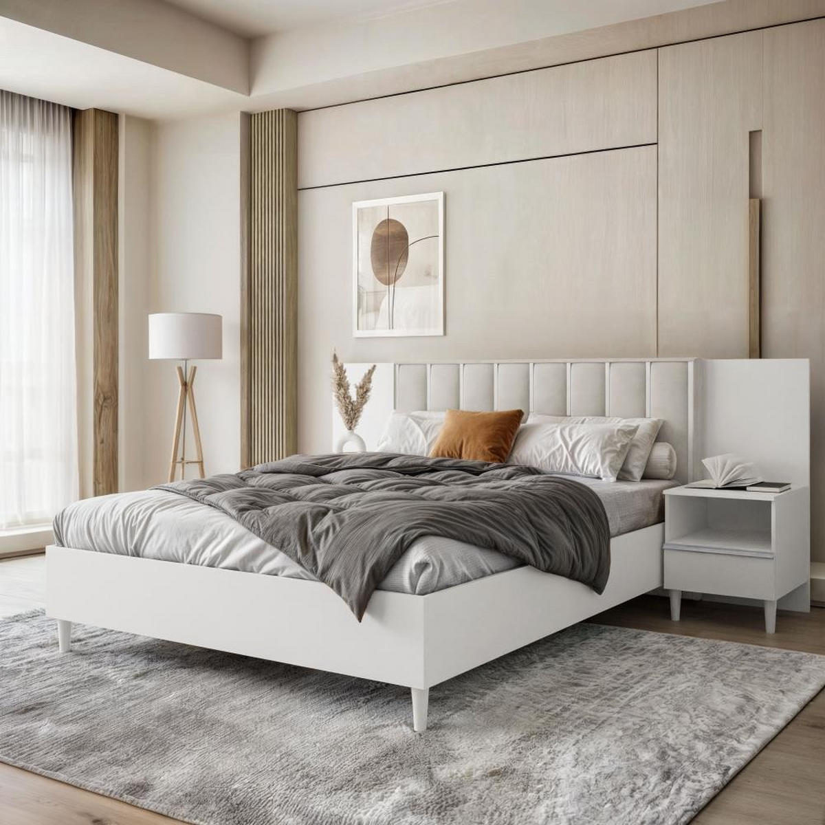 POLSTERBETT Stella 166/211/108 mit 1 Nachttisch beige - Beige/Weiß, Holzwerkstoff/Textil (160/200cm) - Beautysofa