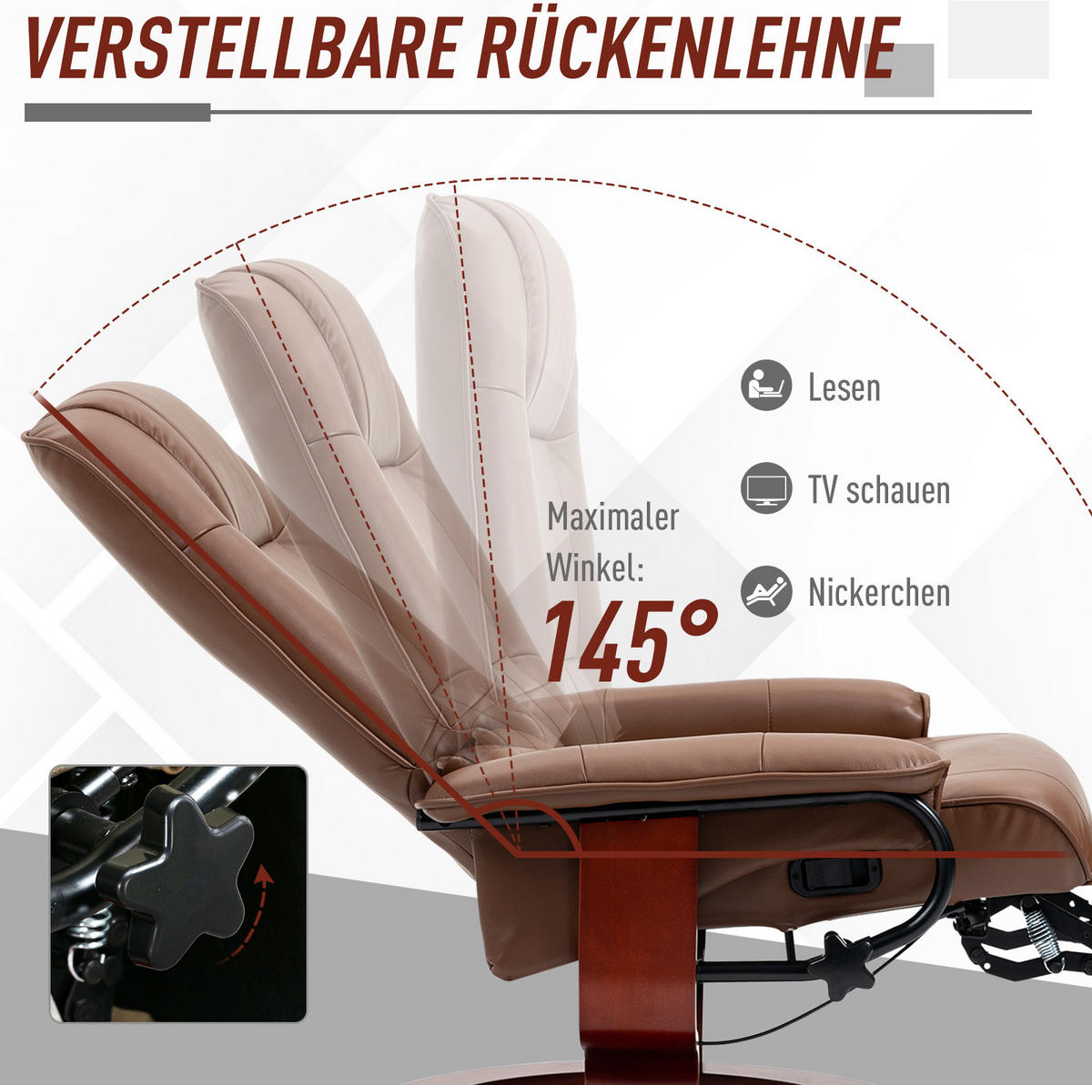 RELAXAČNÍ křeslo 78/87/100 cm s polohováním do 145°, otočné, s opěrkou nohou a potahem z umělé kůže, Hnědá - hnědá, kůže (87/100/78cm) - Redom