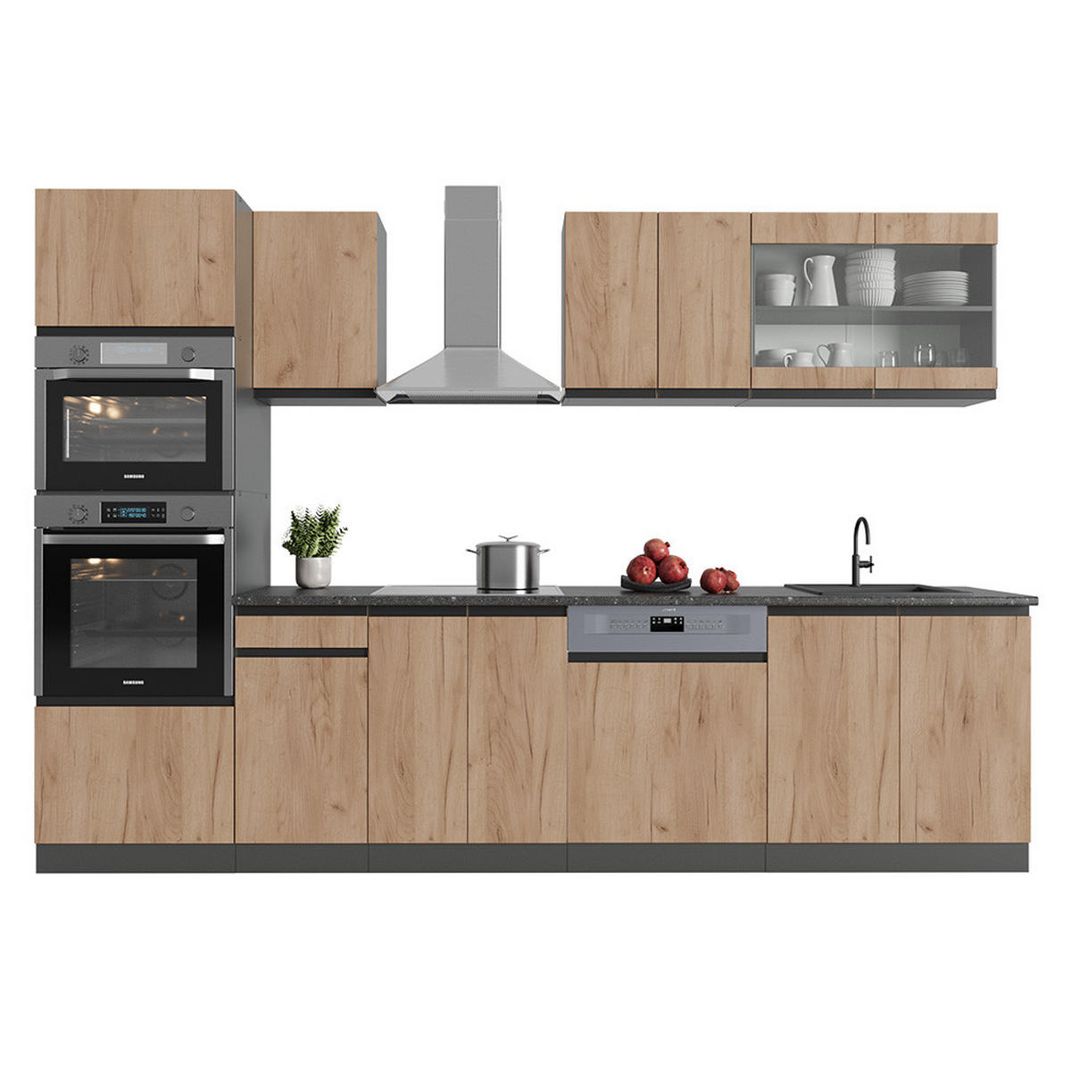 KÜCHENZEILE R-Line Goldkraft Eiche/Anthrazit 300 cm J-Shape ohne AP - Honigeiche/Anthrazit, Holzwerkstoff (300/81.6/46cm) - Vicco